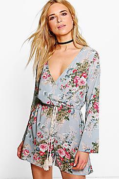 Boohoo Sarah Floral Print Wrap Over Playsuit