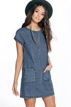Boohoo Jade Oversized Pocket Front Denim Dress Blue