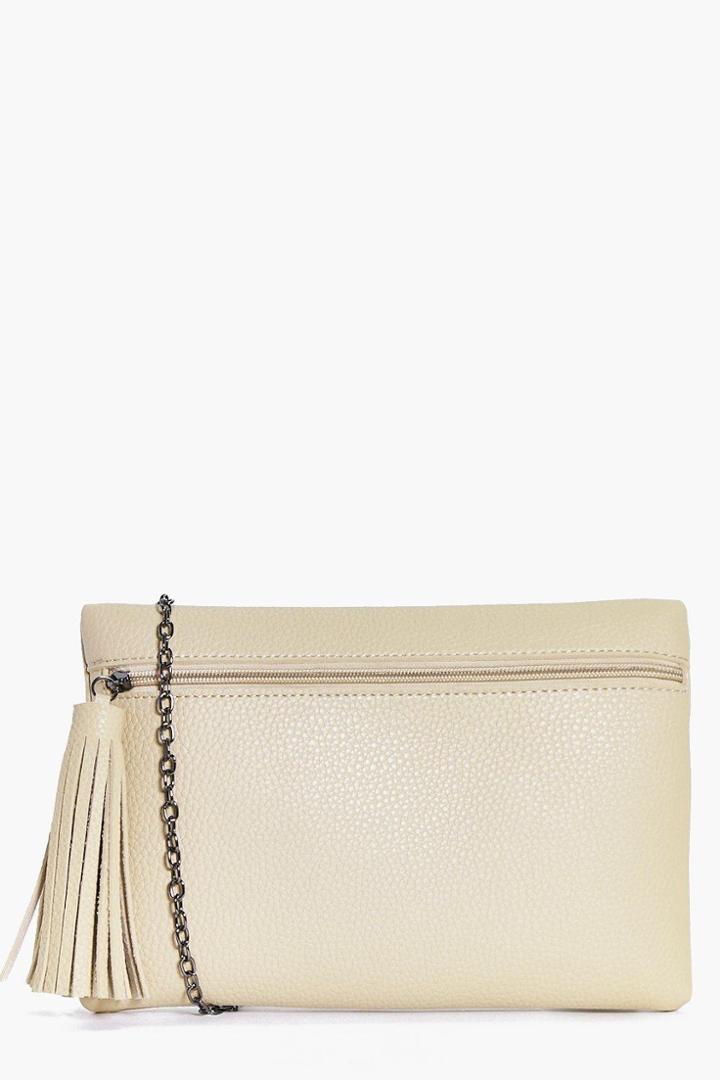 Boohoo Iris Front Zip Large Tassel Cross Body Bag Stone