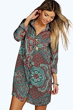 Boohoo Paisley Pleat Back Shirt Dress