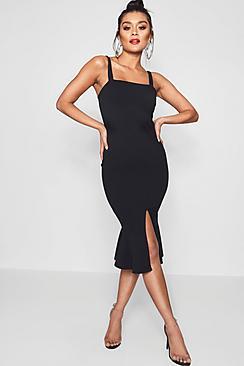 Boohoo Mol Square Neck Frill Hem Split Detail Midi Dress