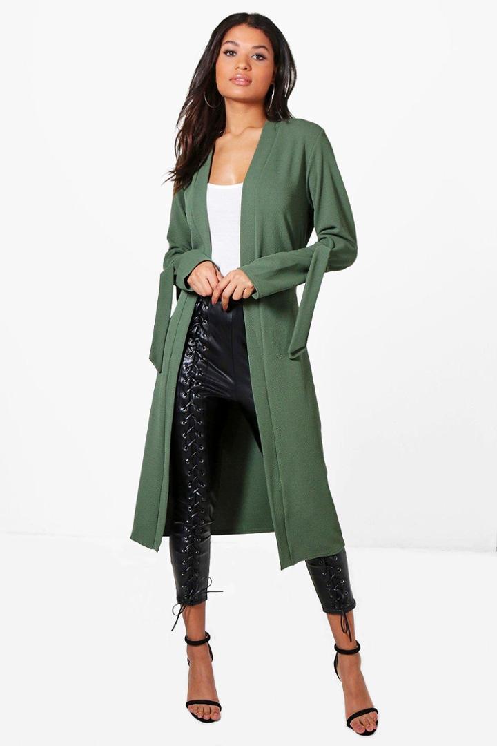 Boohoo Olivia Longline Tie Cuff Belted Duster Khaki
