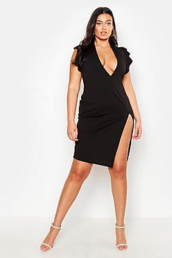 Boohoo Plus Ruffle Plunge Thigh Split Midi Dress