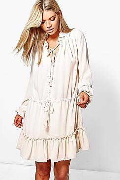 Boohoo Frey Boho Ruffle Tassle Trim Smock Dress