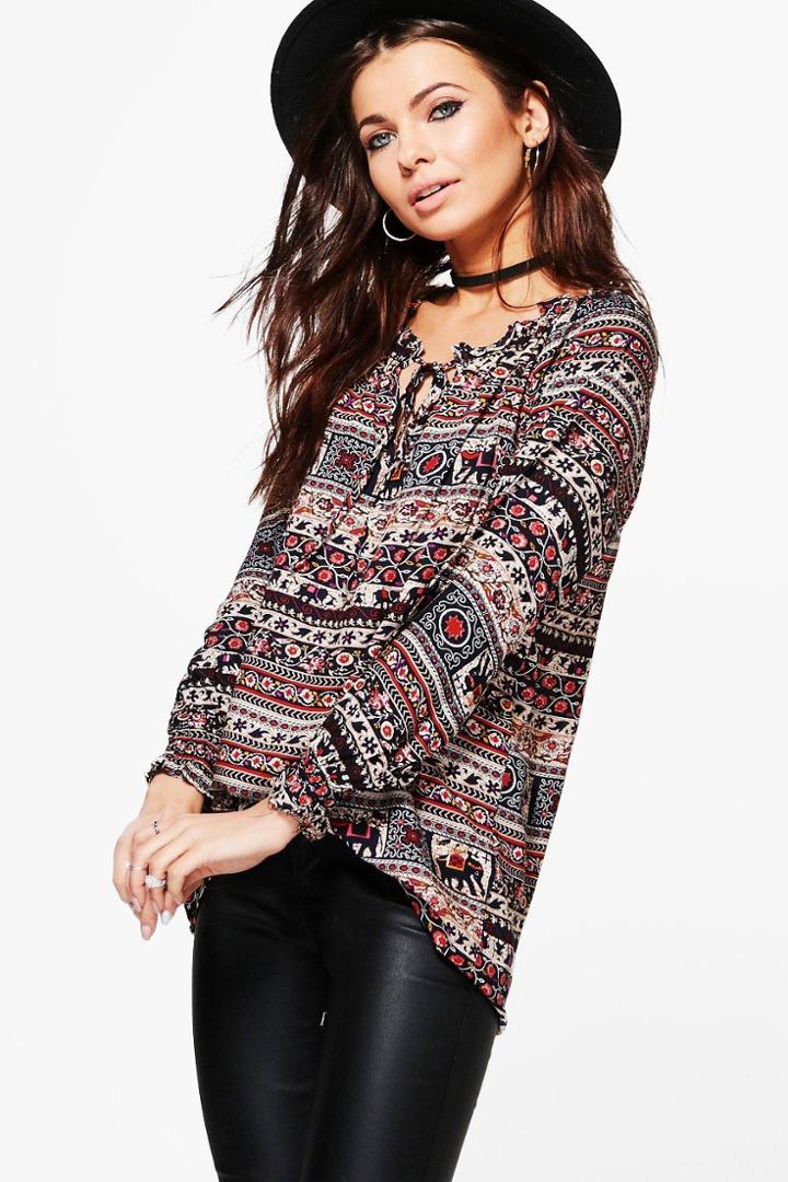 Boohoo Laura Aztec Print Shirt Black