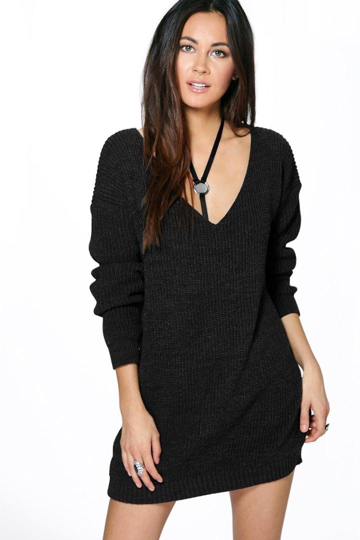 Boohoo Bella V Neck Jumper Mini Dress Charcoal