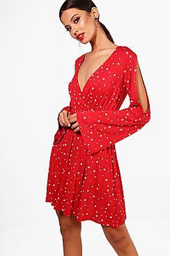 Boohoo Star Print Split Sleeve Skater Dress