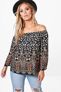 Boohoo Plus Poppy Off Shoulder Border Print Top