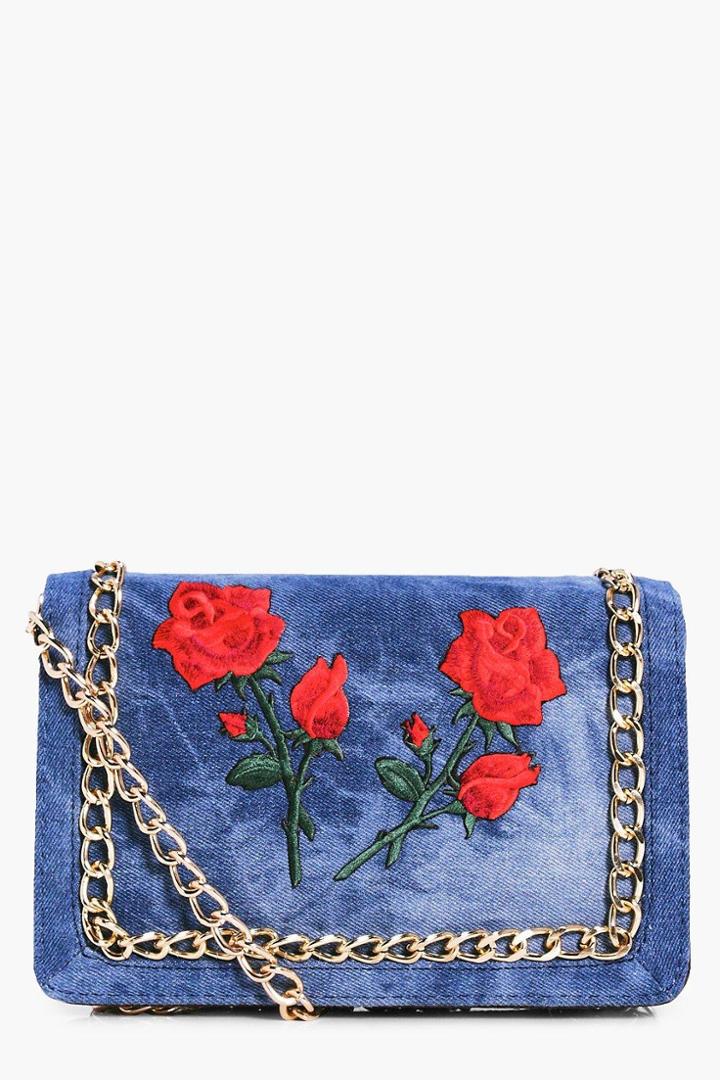 Boohoo Bella Floral Patch Denim Cross Body Bag Denim
