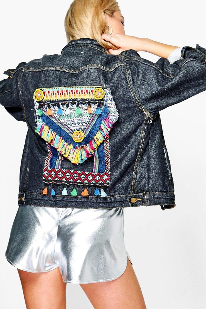 Boohoo Mya Embroidered Back Statement Jean Jacket Black