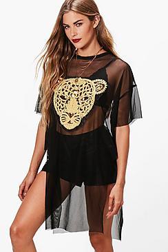Boohoo Alice Lion Applique Sequin Mesh Longline Tee