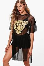 Boohoo Alice Lion Applique Sequin Mesh Longline Tee