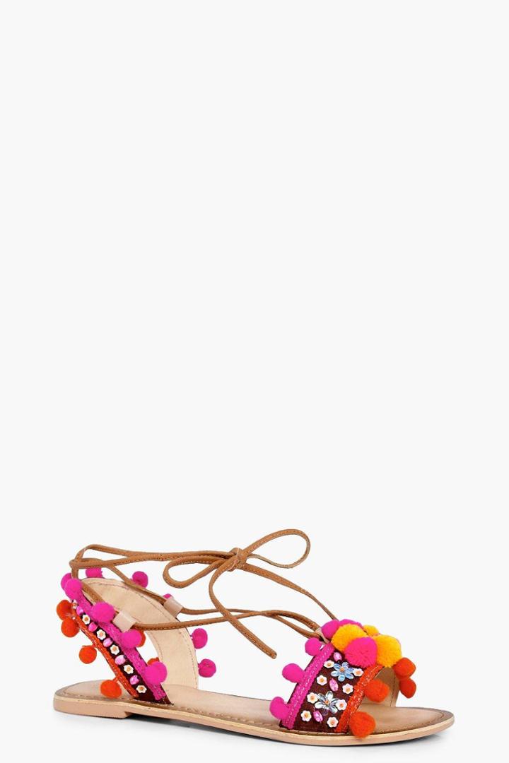 Boohoo Violet Pom And Embellished Leather Sandal Pink