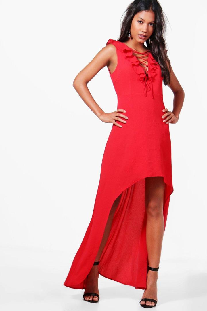 Boohoo Lucy Lace Up Ruffle High Low Maxi Dress Red