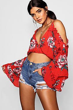 Boohoo Cold Shoulder Ruffle Frill Crop