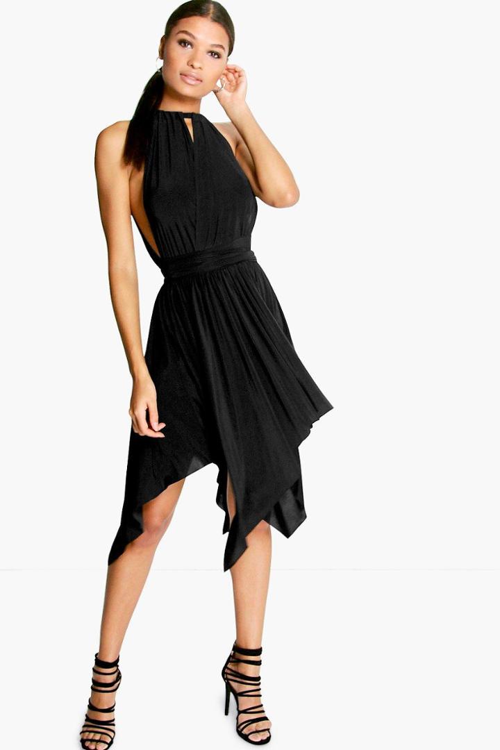 Boohoo Leanne Slinky Hanky Hem Skater Dress Black