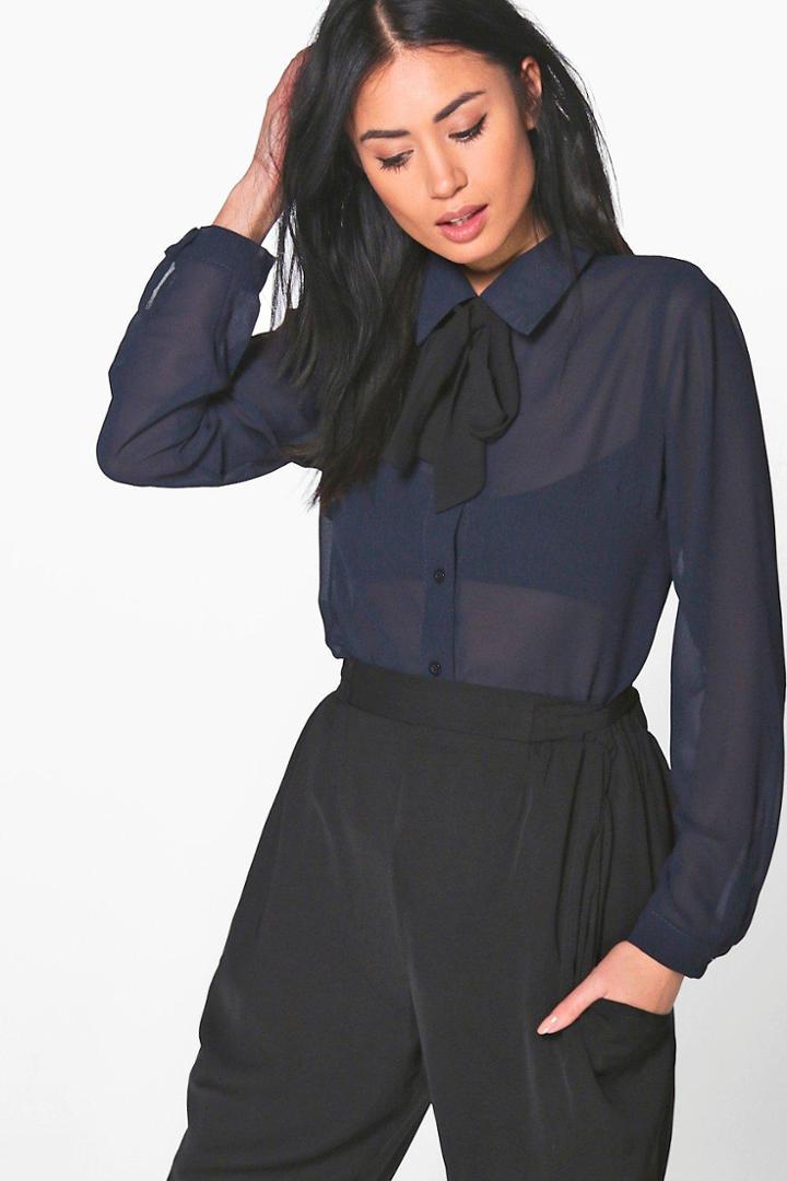 Boohoo Nicole Woven Tie Neck Shirt Navy