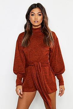 Boohoo Cut & Sew Roll Neck Tie Waist Romper