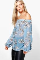 Boohoo Syke Large Floral Print Blouson Sleeve Bardot Top Blue