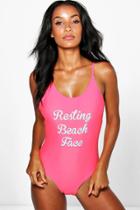 Boohoo Rome Resting Beach Face Scoop Neck Slogan Bathing Suit Coral