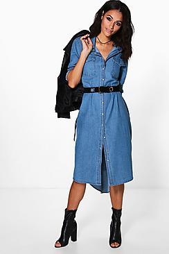 Boohoo Diana Denim Long Shirt Dress