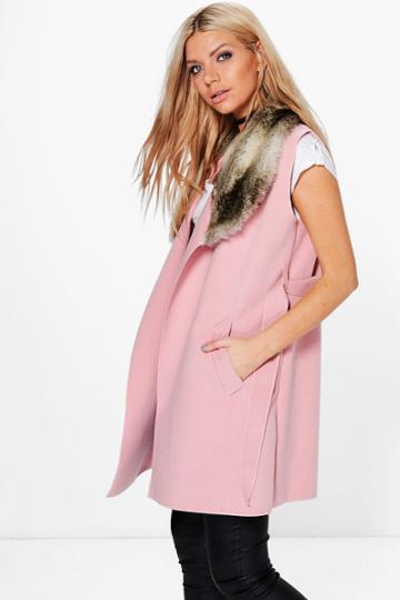 Boohoo Faith Faux Fur Collar Sleeveless Wool Look Coat Pink