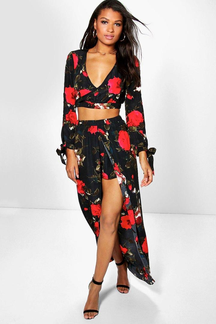 Boohoo Roxy Floral Crop & Split Front Maxi Co-ord Set Multi