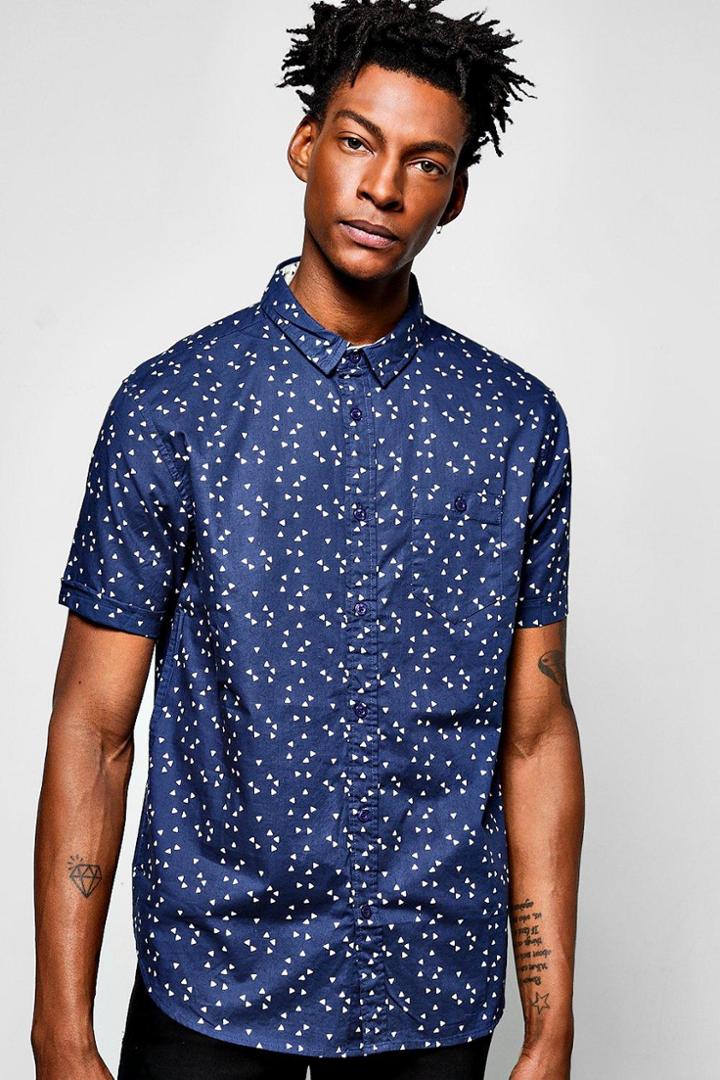 Boohoo Short Sleeve Geo Print Shirt Navy