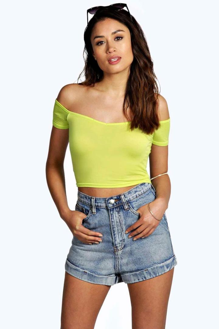 Boohoo Petite Mia V Neck Bardot Crop Top Lime
