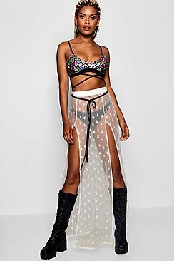 Boohoo Fleur Star Mesh Split Side Overlay Maxi Skirt