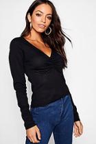 Boohoo Rib Ruched V Neck Long Sleeve Top