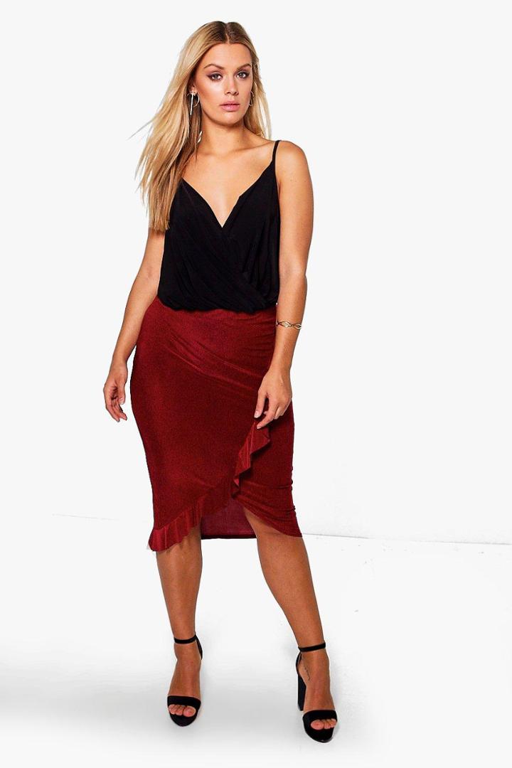Boohoo Plus Julia Ruffle Detail Wrap Skirt Wine
