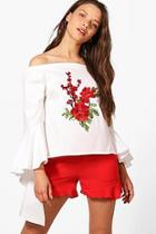 Boohoo Eva Boutique Embroidered Ruffle Sleeve Off The Shoulder Top