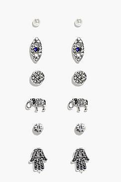 Boohoo Arabella Hamsa & Elephant Stud 6 Earring Set