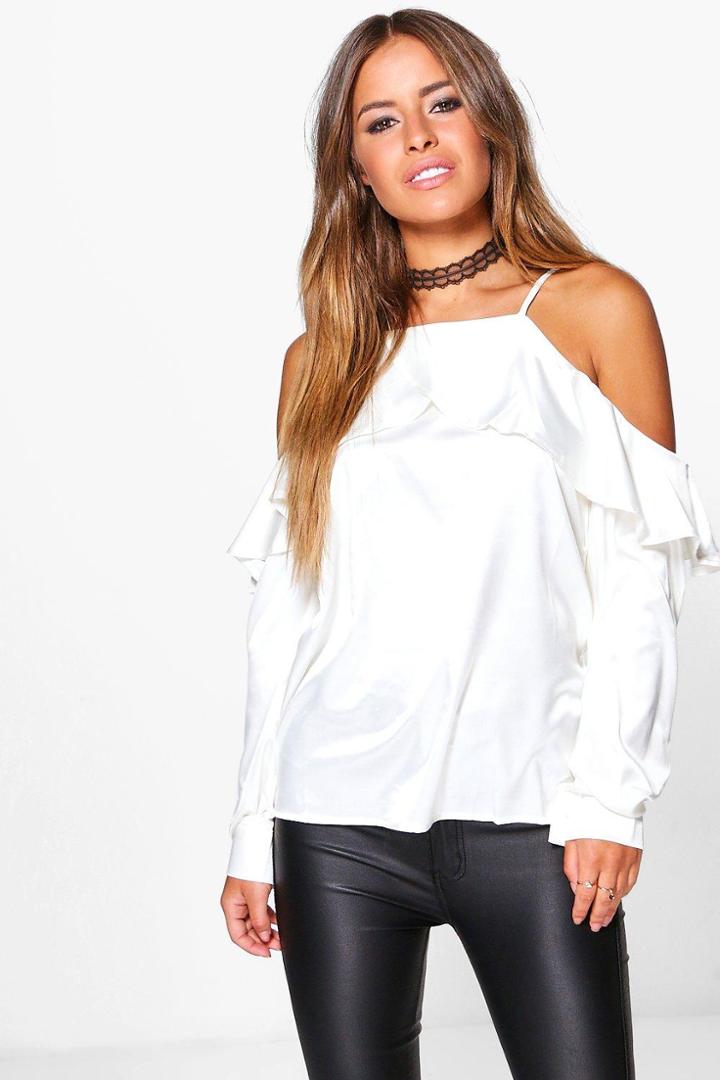 Boohoo Petite Holly Ruffle Open Shoulder Satin Blouse Ivory