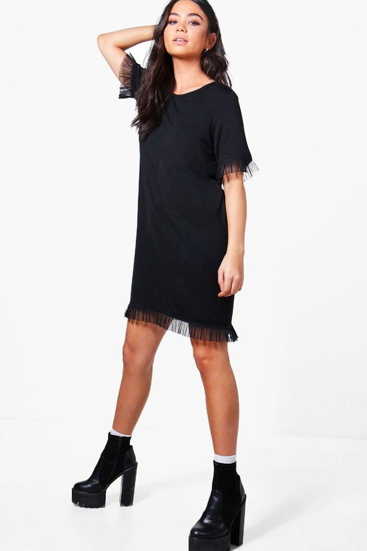 Boohoo Marnie Mesh Ruffle T-shirt Dress Black