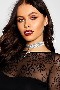 Boohoo Halloween Glitter Crucifix Choker