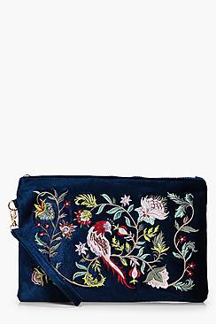Boohoo Ella Velvet Oriental Embroidery Clutch