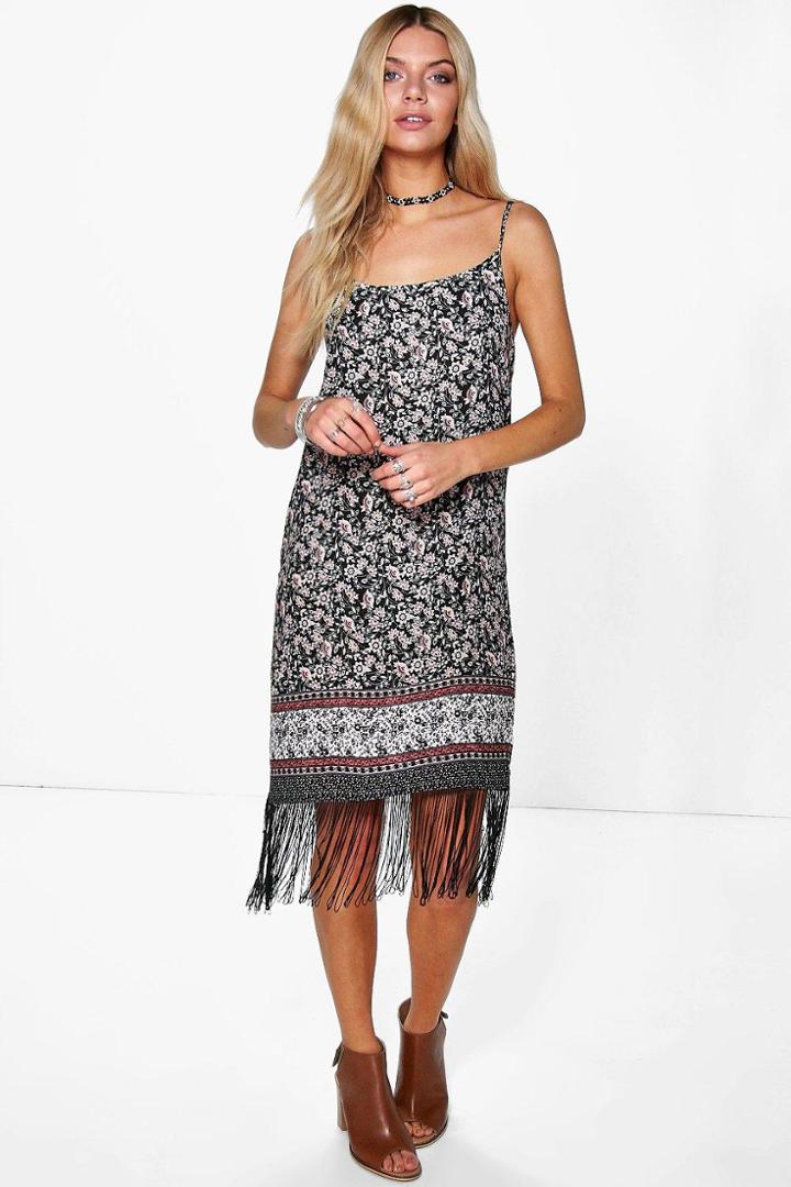 Boohoo Abigail Fringed Floral Border Print Shift Dress Multi