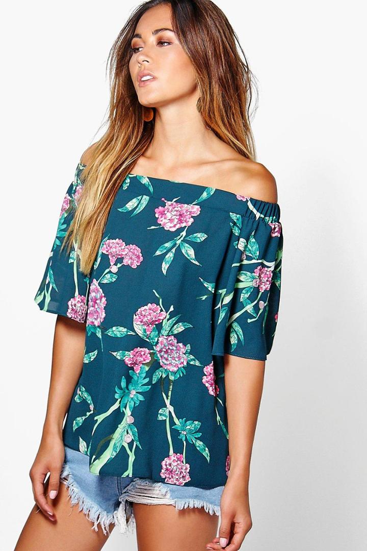Boohoo Emma Woven Printed Off The Shoulder Top Black