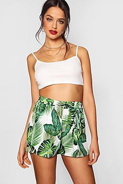 Boohoo Georgia Palm Print Tie Belt Shorts