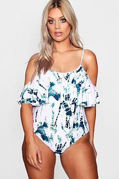 Boohoo Plus Rosie Marble Print Drape Sleeve Swimsuit
