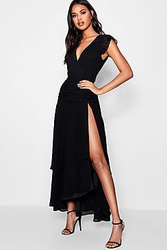 Boohoo Yaz Ruffle And Ruched Detail Maxi Dress