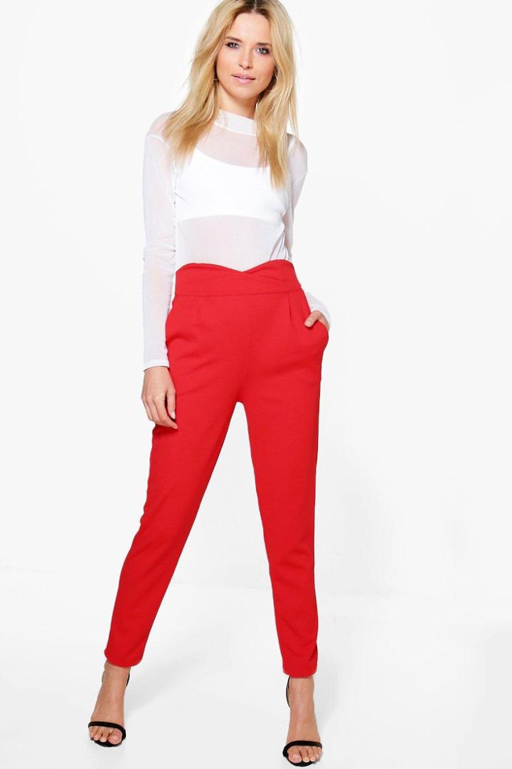 Boohoo Bex High Waist Slim Fit Crepe Trousers Poppy