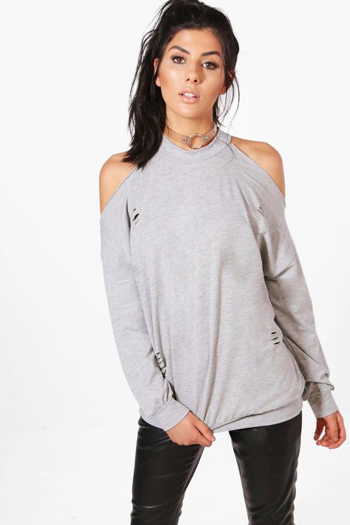 Boohoo Aria Distressed Cold Shoulder Sweat Grey