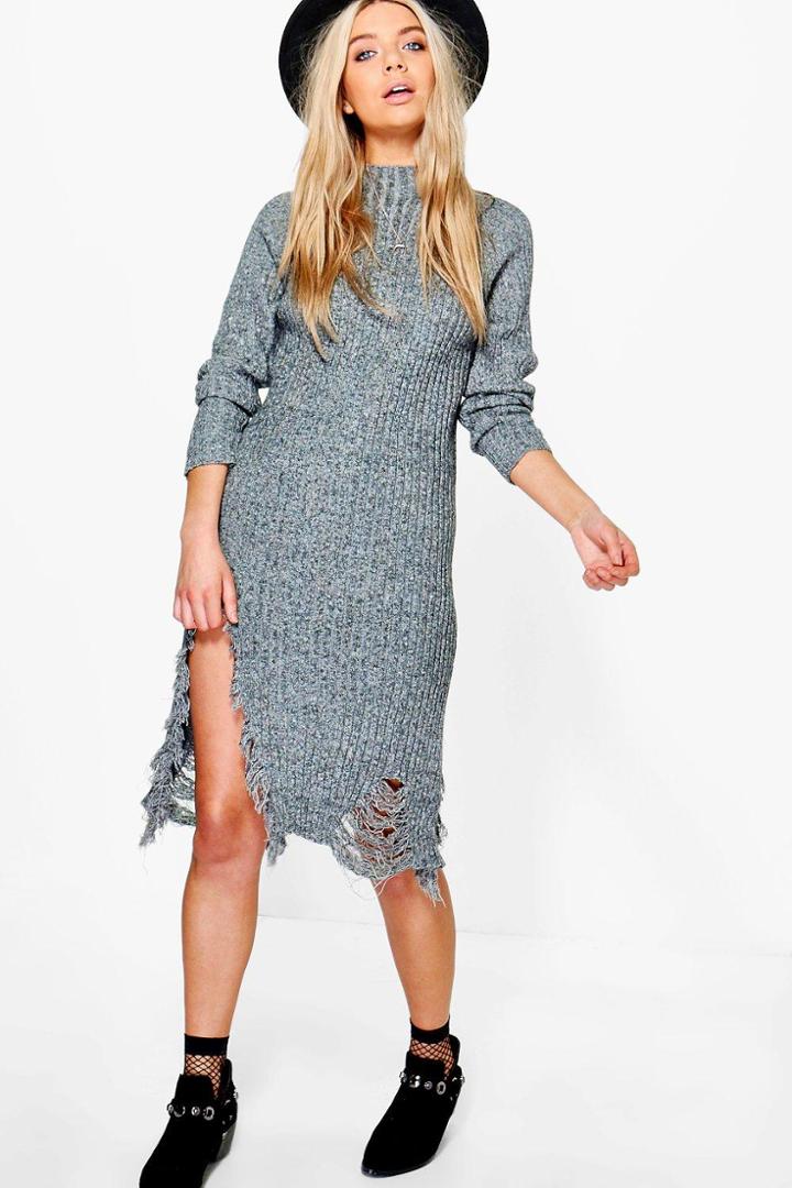 Boohoo Charlotte Distressed Rib Knit Jumper Dress Grey
