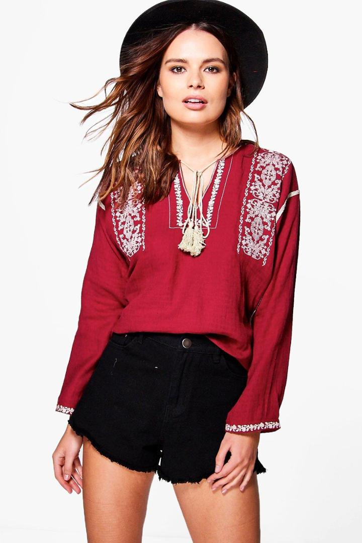 Boohoo Anna Aztec Embroidered Smock Top Wine