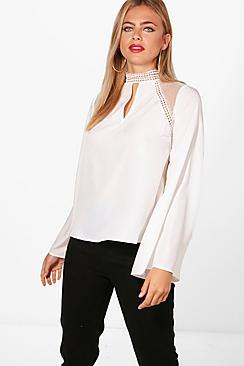 Boohoo Erin Crochet Trim Bell Sleeve Blouse