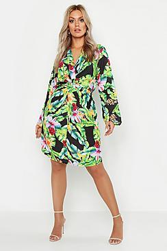 Boohoo Plus Tropical Print Twist Front Skater Dress