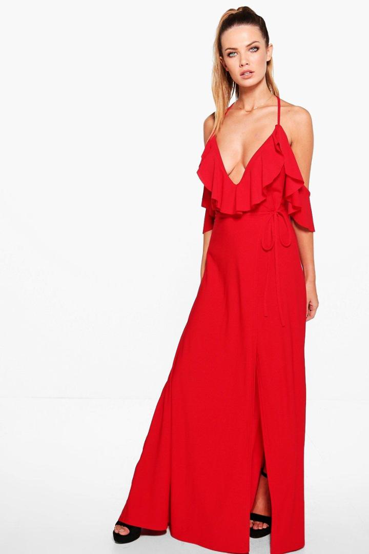 Boohoo Lyla Frill Detail Drop Shoulder Wrap Tie Maxi Dress Red